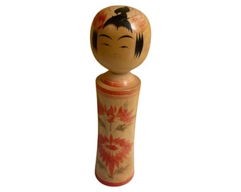 Japanese Wooden Kokeshi Doll | Signed Toshie 1977 Japanese Kokeshi Doll Hand Painted and Carved | Vintage Japanese Wooden Doll