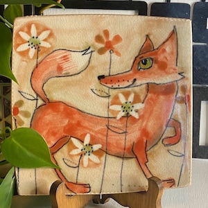 Cute Fox Plate | 7”x7” Decorative Wall Plate with Happy Fox | Hand Made Wall Plate of Fox and Flowers and Crackle Glaze Plate