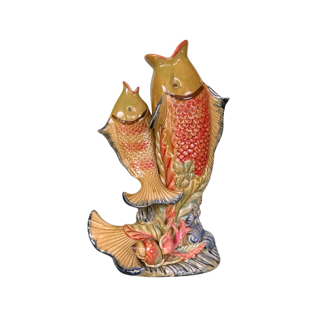 Vintage Double Fish Ceramic Vase Open Mouth Fish Vase Majolica Fish
