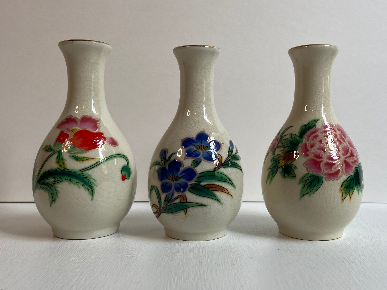 Vintage Japanese Bud Vase Set of Three Japanese Kutani Flower Vase Trio