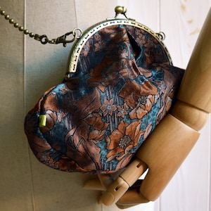 Women&#39;s handbag in silk and viscose blend. Floral print, brown flowers, autumn flowers design, elegant handbag, evening bag, silk clutch bag