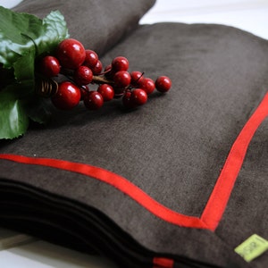 Rectangular tablecloth for table 12, in pure linen brown Red slim ribbon. image 1