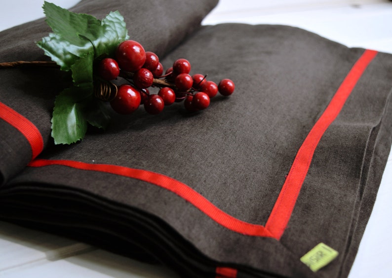 Rectangular tablecloth for table 12, in pure linen brown Red slim ribbon. image 1