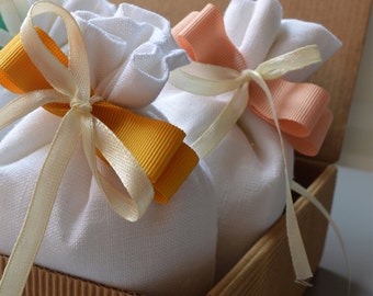 white linen mixed bag - yellow ribbon - wedding favor - smells drawers, candy bags or lavender