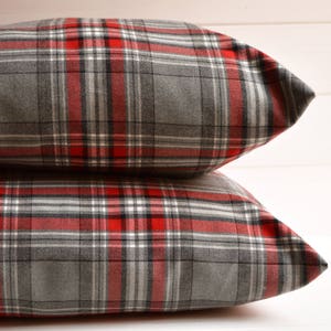 Gray and red tartan print pillow, decorative cushions, matching cushions, blankets, pillows, throw pillow, Christmas pillow tartan