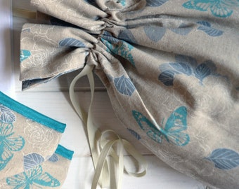 Kitchen set, butterfly print, set of 2 pot holders and bread bag, floral, kitchen decoration, flowers, bread bag, flower bag