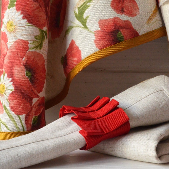 Serviettes de table en tissu – Fleurs et Ronds – Jaune et Rouge