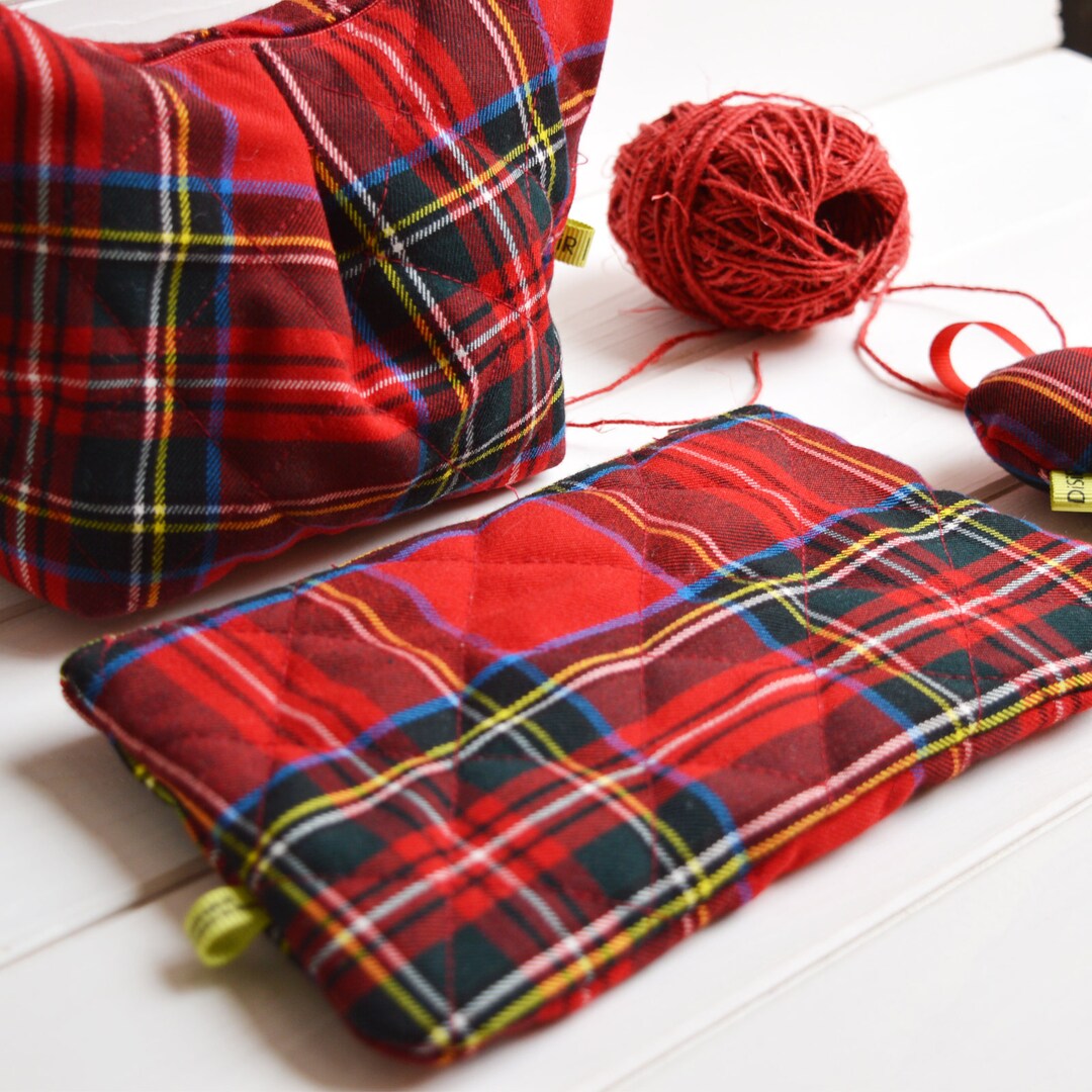 Porta todo en tejido jaquard, neceser de tartán rojo, porta