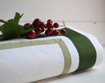 Chistmas tablecloth, in misto lino bianco, nastri verdi, italian fabric, linen tablecloth, linen, leinen, lino, green ribbons