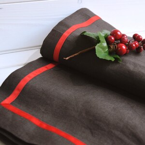 Rectangular tablecloth for table 12, in pure linen brown Red slim ribbon. image 3