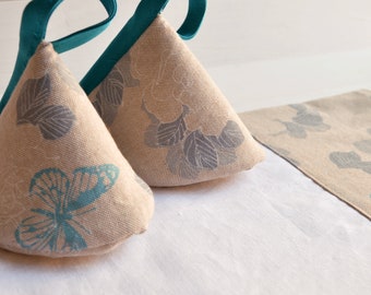 Kitchen set 1 linen cloth and 2 pot holders - butterflies print, dishcloth, tea towels and kitchen accessories, kitchen set, blue butterfly