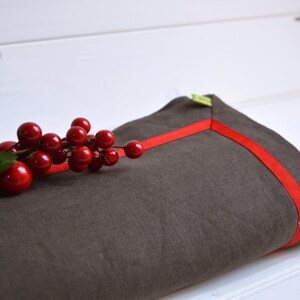 Rectangular tablecloth for table 12, in pure linen brown Red slim ribbon. image 2