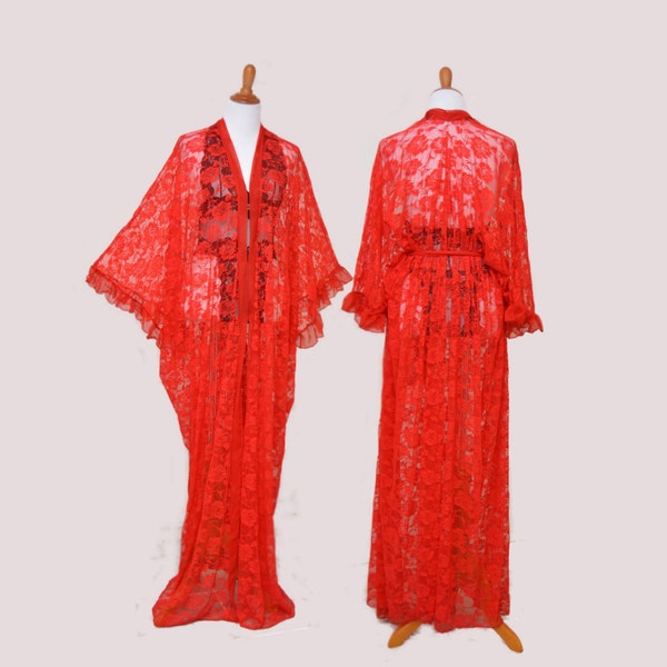 Red lace cardigan, red valentine robes, lace  kimono, long lace robes, love red kimono, red bridal robes, honeymoon robes, unique women robe