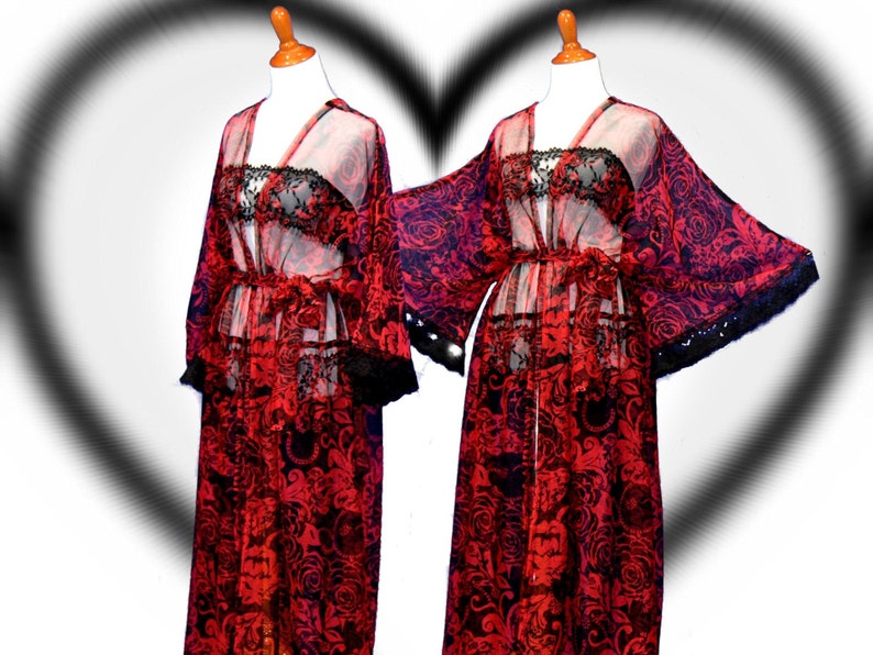 Sweetheart kimono trendy chic robes valentine date robes gothic kimono lady long kimono, floral maxi robes red sheer cardigan