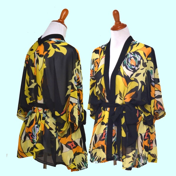 lady floral kimono, yellow floral robe, mini women robes, chiffon bridal robe, soft sheer cardigan, feminine cardigan, Mother of the bride