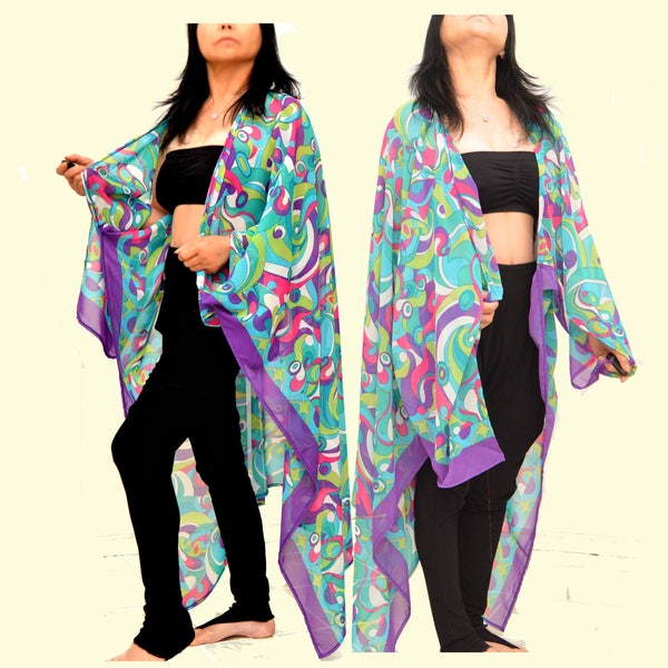 Asymmetrical Kimono, purple boho kimono, unique duster, seductive poncho, swimsuit cover up, blue mini robe, women kimono, summer cardigan