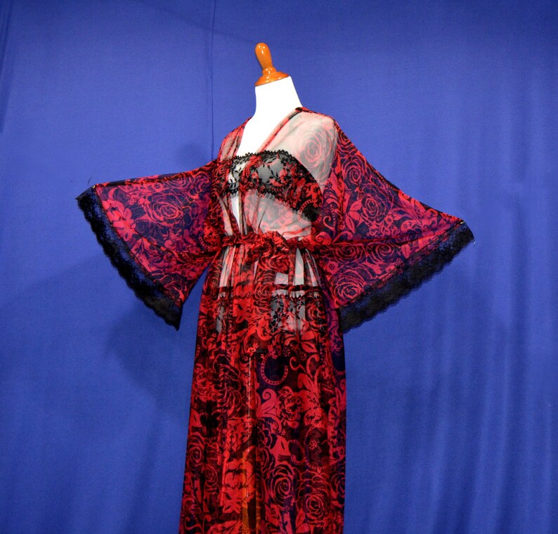 Sweetheart kimono trendy chic robes valentine date robes gothic kimono lady long kimono, floral maxi robes red sheer cardigan
