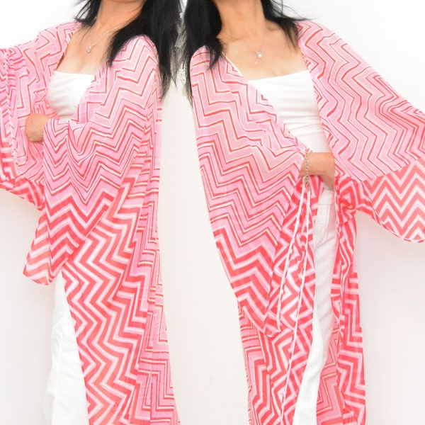 Pink stripes poncho, Asymmetrical robe, pink boho kimono, sexy gypsy robe, unique duster, batwing sleeves robe, summer long robe,