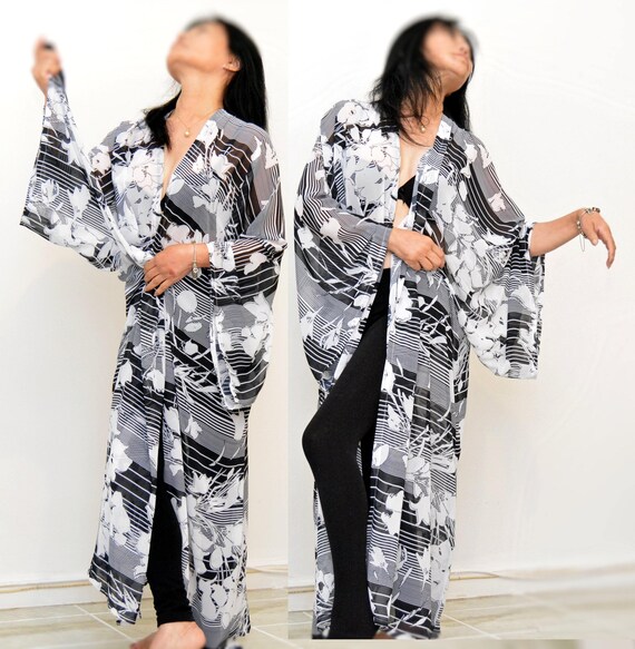 Black white Kimono black stripes kimono long boho kimono Etsy