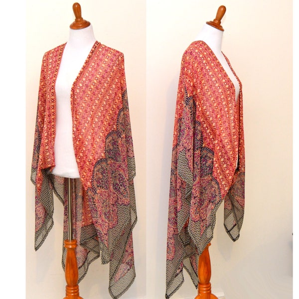 Festival kaftan, Asymmetrical robe, boho kimono, sexy gypsy cardigan, summer floral robe, border print kimono, batwing kimono,