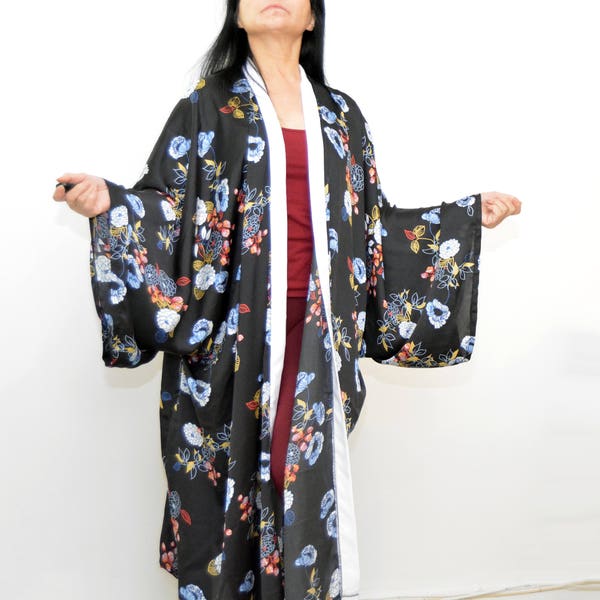 Slouchy cardigan, drippy robe, lady cover-up, black Floral kimono, unique cardigan, Christmas present, black long robe, midi lady kimono