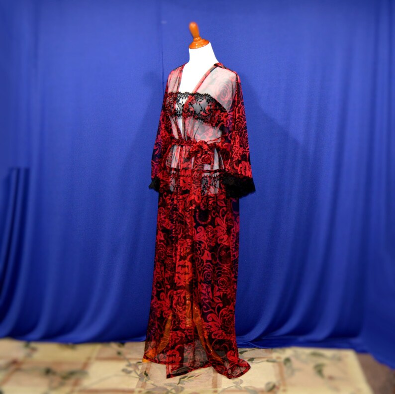 Sweetheart kimono trendy chic robes valentine date robes gothic kimono lady long kimono, floral maxi robes red sheer cardigan