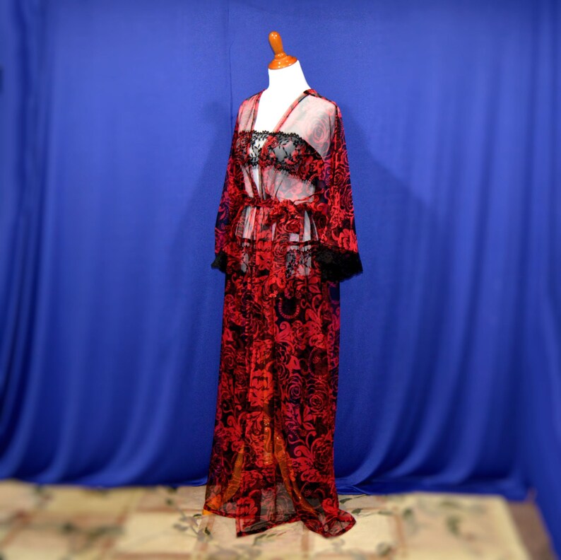 Sweetheart kimono trendy chic robes valentine date robes gothic kimono lady long kimono, floral maxi robes red sheer cardigan