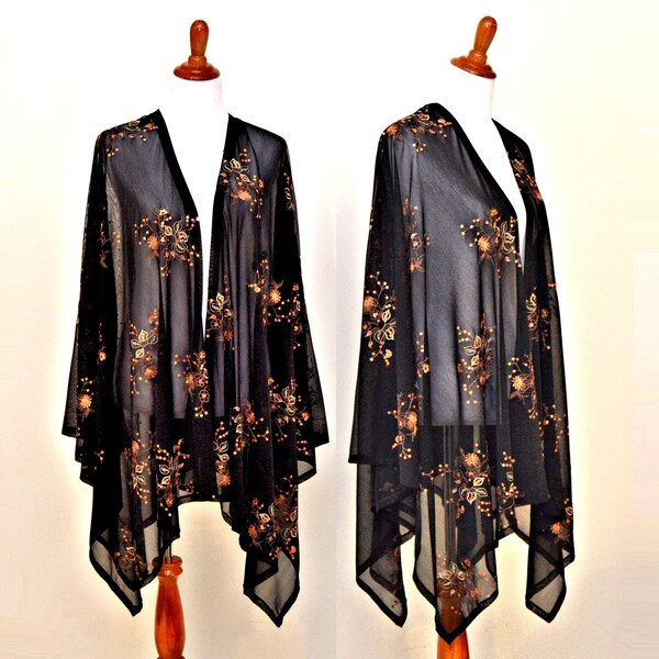 Embroidery kimono, sequins floral robe, Ultra glam kimono, seductive kimono, black women robe, sheer feminine robe, Mother of the bride