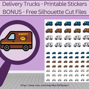 Afdrukbare stickers voor bezorging, bezorging, bestelwagen, plannerstickers, happy planner, silhouet, digitale pdf-download