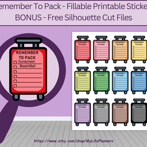 Pegatinas del planificador de la lista de embalaje de maletas, pegatinas imprimibles, pegatinas rellenables, planificador feliz, Erin Condren, descarga digital PDF