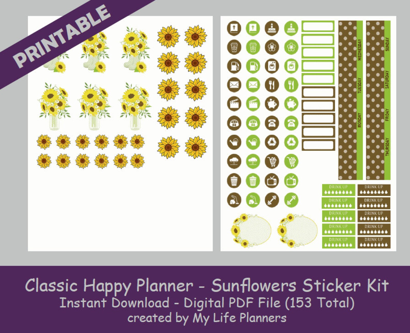 Sunflowers CLASSIC Happy Planner Printable Stickers Weekly - Etsy