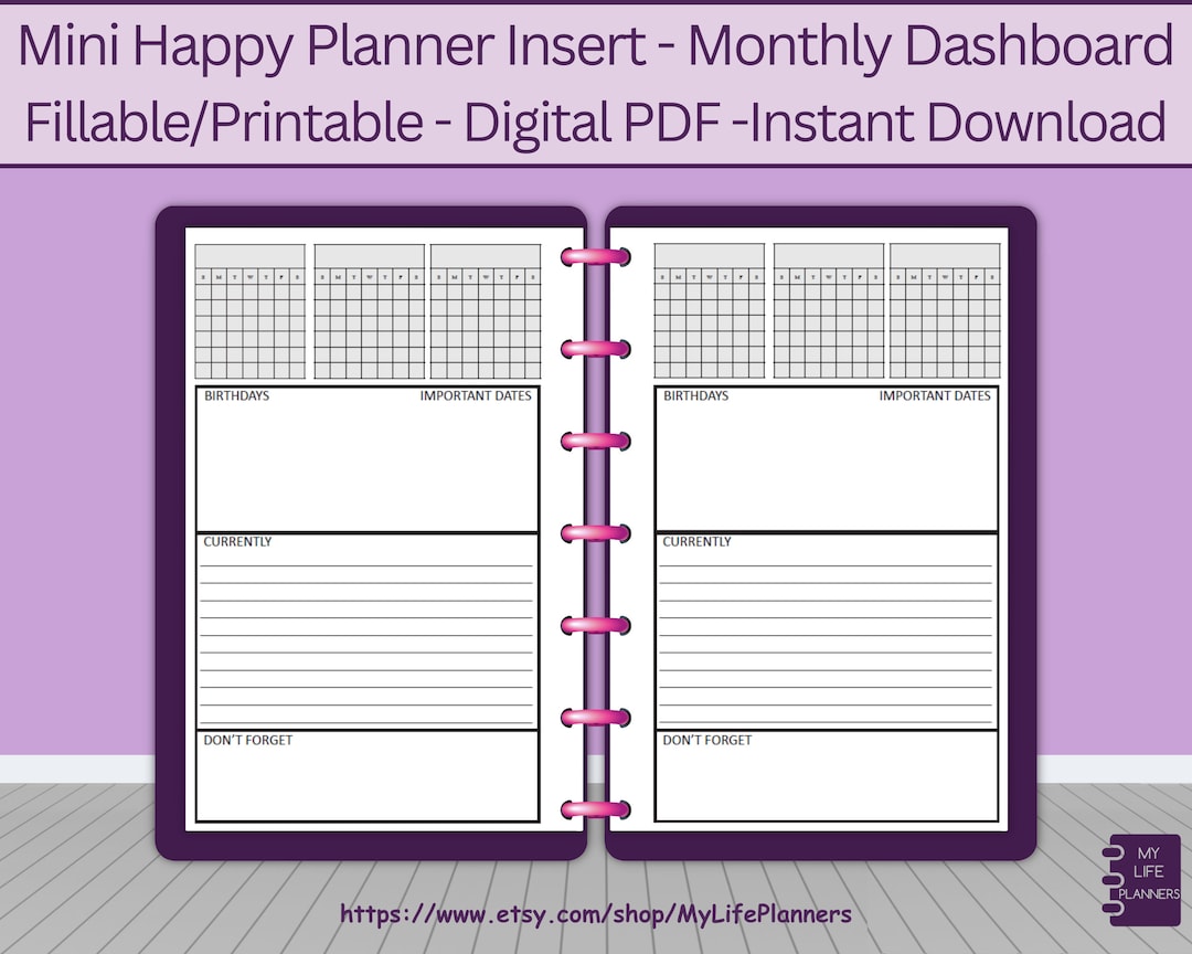 Mini Happy Planner Insert, Monthly Dashboard, Fillable Printable (PDF ...