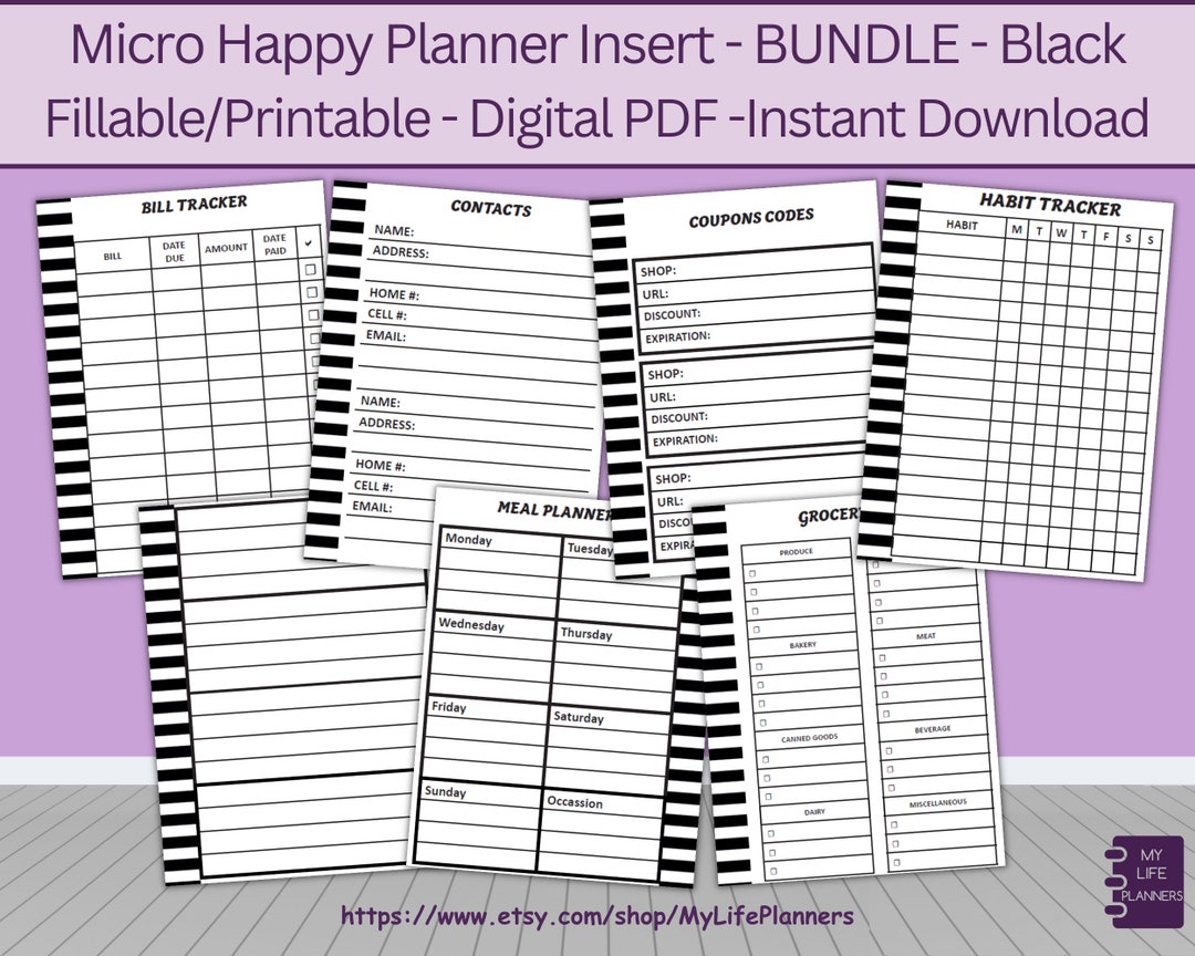 Ultimate MICRO Happy Planner Insert Bundle, Black, Monthly, Weekly
