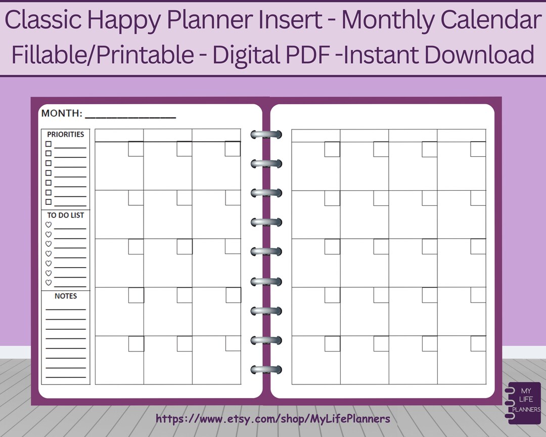 Undated Monthly Calendar Printable, Fillable, Planner Insert, Calendar ...
