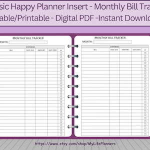 Monthly Bill Tracker, Printable, Fillable, Planner Insert, CLASSIC Happy Planner Inserts, PDF Download