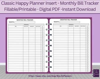 Monthly Bill Tracker, Printable, Fillable, Planner Insert, CLASSIC Happy Planner Inserts, PDF Download