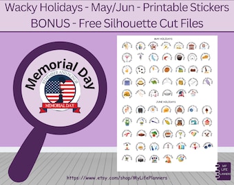 Wacky Holiday mayo-junio Planner pegatinas, pegatinas imprimibles, pegatinas del planificador, planificador feliz, Erin Condren, descarga digital PDF