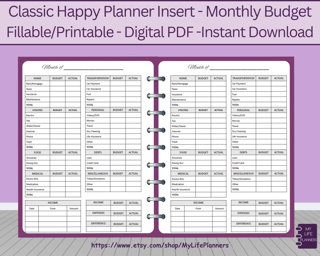 Monthly Budget Fillable, Printable, Planner Insert, CLASSIC Happy ...