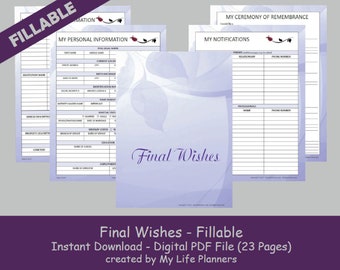 Final Wishes Planner, Funeral Planner,  Burial Arrangements, Remembrance Kit, Happy Planner Insert, Fillable, Printable, PDF, Purple