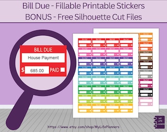 Bill Due Planner Stickers: Fillable, Printable (PDF Digital Download)