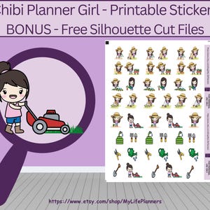 Pegatinas imprimibles de chica jardinera de pelo castaño, pegatinas para planificador, pegatinas imprimibles de 8,5 x 11, descarga digital en PDF