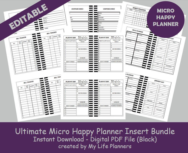 Ultimate MICRO Happy Planner Insert Bundle Black Monthly Etsy
