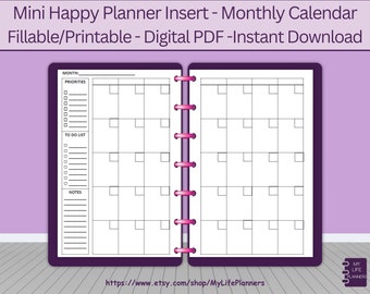 Undated Monthly Calendar Printable, Fillable MINI Happy Planner (PDF Download)