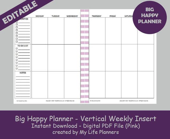 BIG Happy Planner Vertical Weekly Insert Editable Printable Etsy Big happy planner vertical weekly insert editable printable etsy