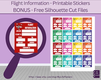 Flight Information Planner Stickers, Printable Planner Stickers, Airplane Stickers, Airplane, MAMBI, CLASSIC Happy Planner, PDF Download