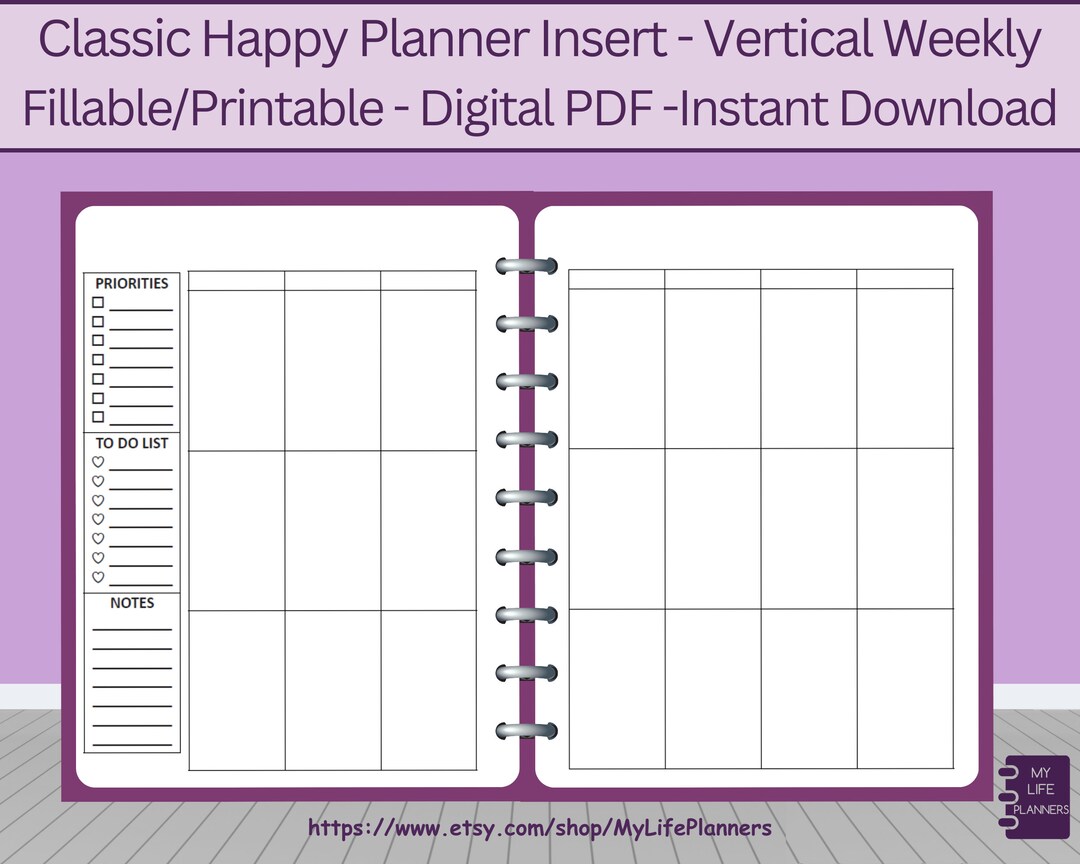 Vertical Weekly, Fillable, Printable, Planner Insert, MAMBI CLASSIC ...