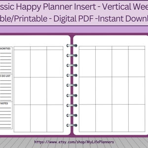 Vertical Weekly, Fillable, Printable, Planner Insert, MAMBI CLASSIC Happy Planner Inserts, PDF Download