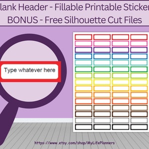 May include: A printable sheet of blank rectangular stickers with a rainbow of coloured borders. The sheet is designed for use with a cutting machine. The text "Type whatever here" is visible in a red box.