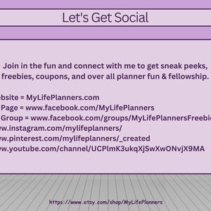 Może przedstawiać: Grafika w kolorze fioletowym i białym z tekstem "Let's Get Social" i listą link&oacute;w do medi&oacute;w społecznościowych dla MyLifePlanners.com. Tekst zawiera "Dołącz do zabawy i skontaktuj się ze mną, aby uzyskać zapowiedzi, prezenty, kupony i og&oacute;lną zabawę z planowaniem & towarzyskość."