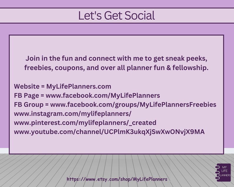 Może przedstawiać: Grafika w kolorze fioletowym i białym z tekstem "Let's Get Social" i listą link&oacute;w do medi&oacute;w społecznościowych dla MyLifePlanners.com. Tekst zawiera "Dołącz do zabawy i skontaktuj się ze mną, aby uzyskać zapowiedzi, prezenty, kupony i og&oacute;lną zabawę z planowaniem & towarzyskość."